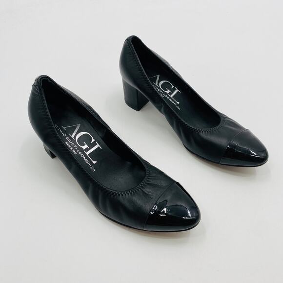 AGL Black leather round toe scrunch block heels - Picture 1 of 7